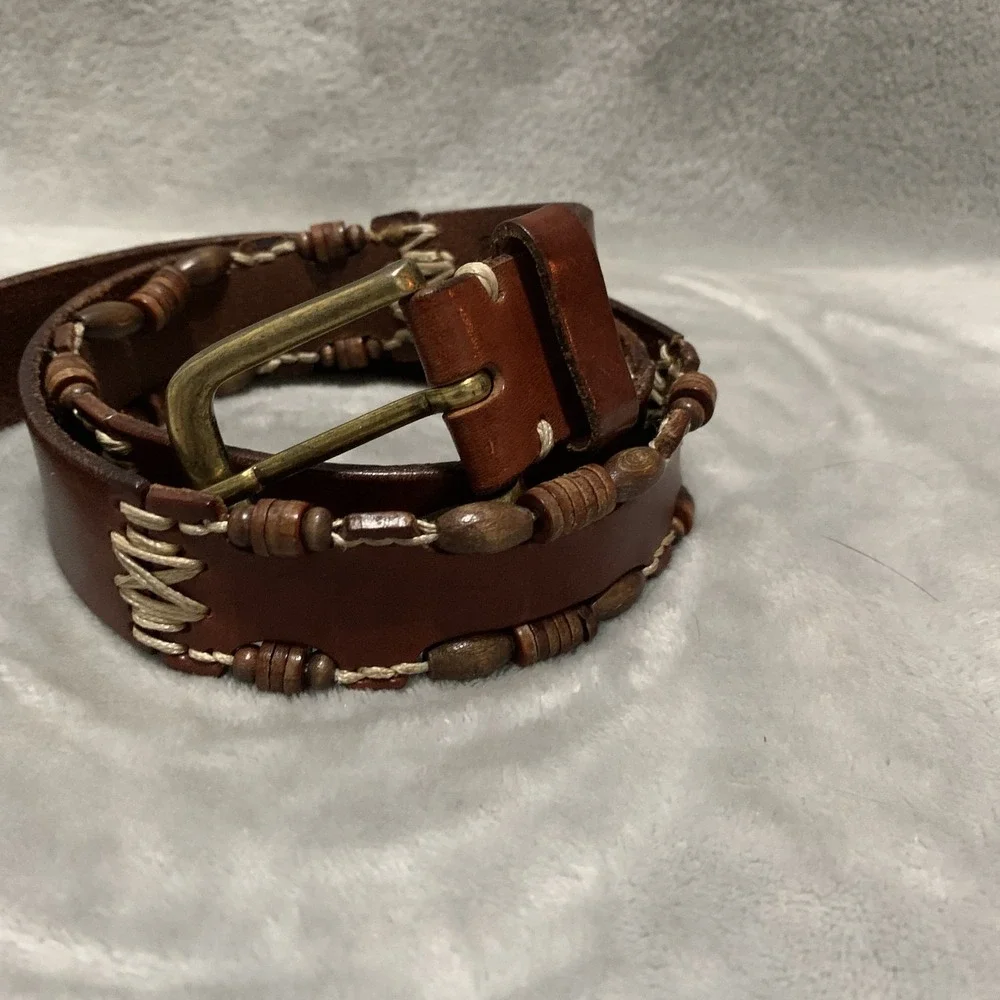 Vintage Omega Genuine Leather‎ Belt Large Brown Beaded & Stitched Made in Turkey